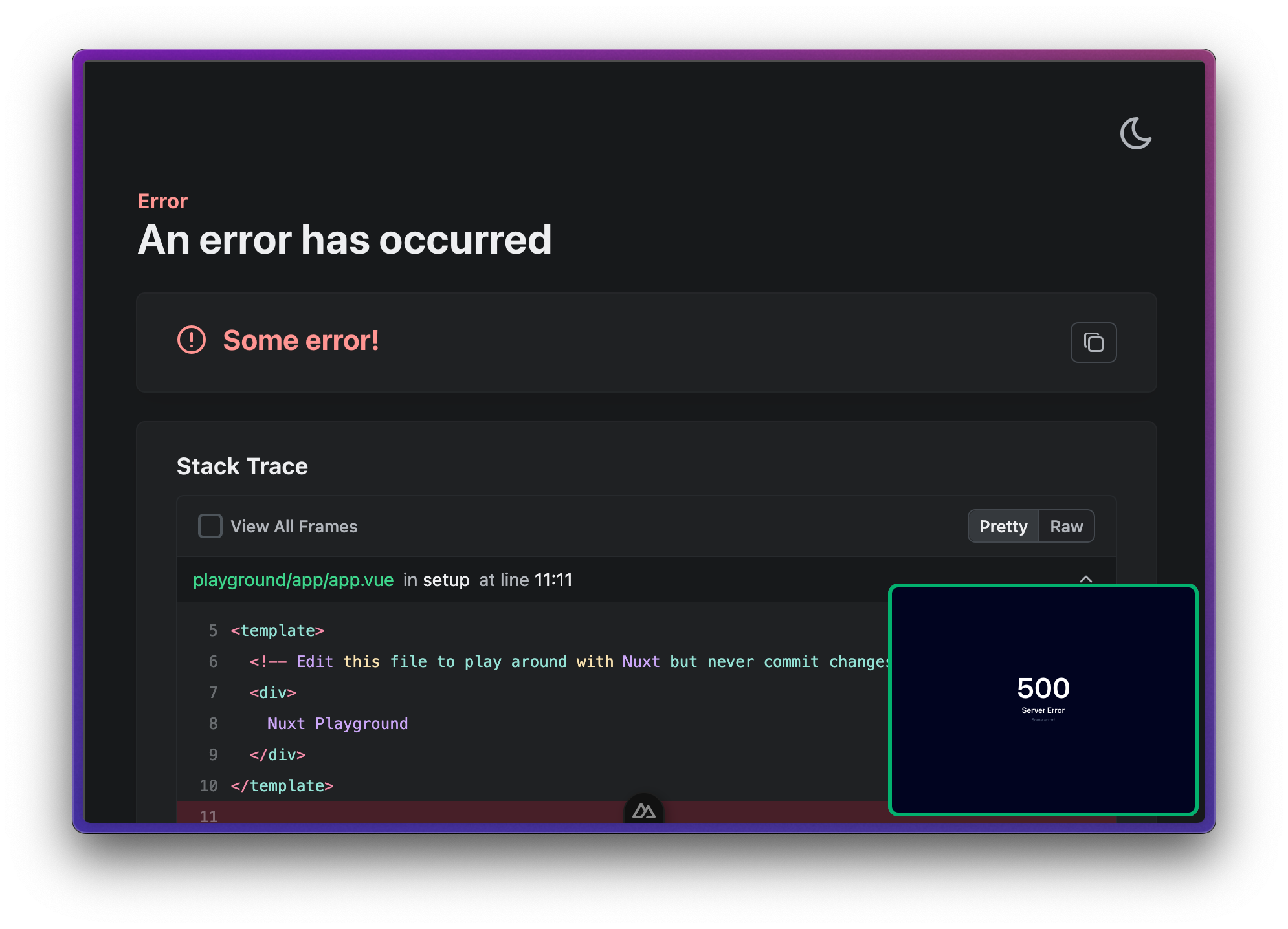 Screenshot of the new development error page